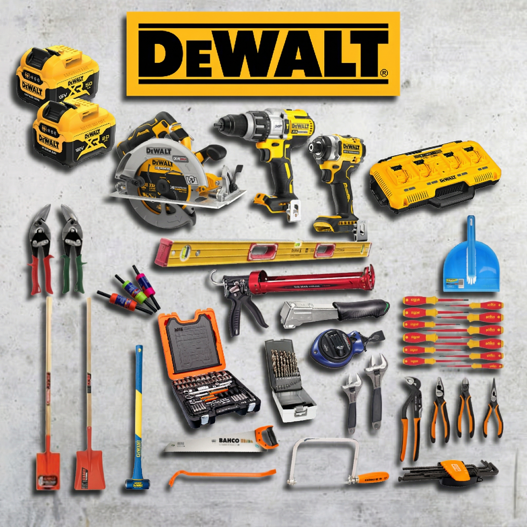Collection of Dewalt tools on a gray background with the Dewalt logo above.