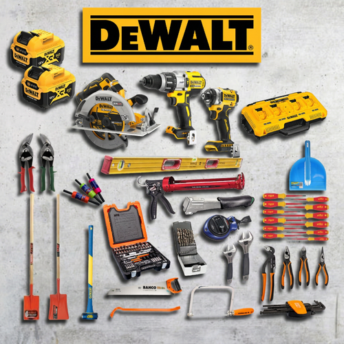 Collection of Dewalt tools on a gray background with the Dewalt logo above.
